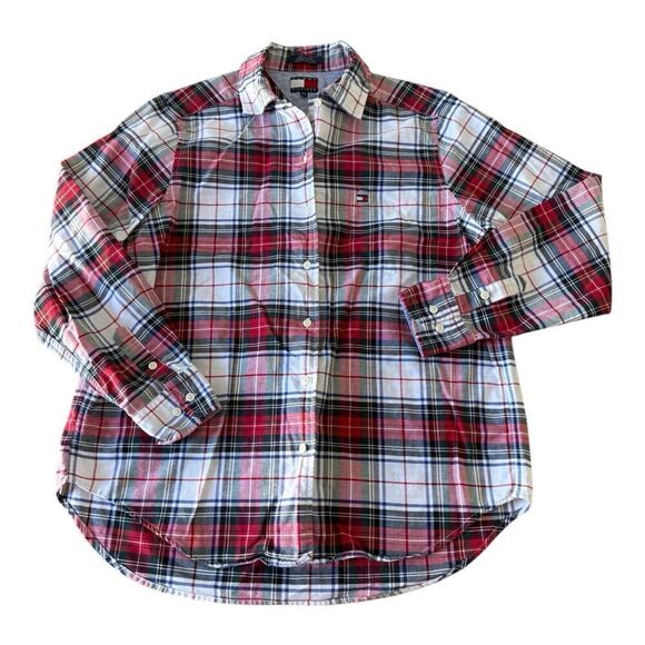 Tommy Hilfiger Shirt Womens L (10) Red White Blue Plaid Cotton Button Up Classic - Picture 3 of 9